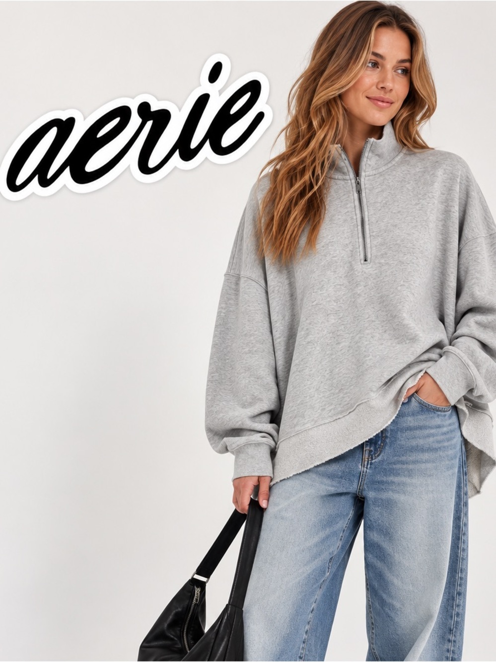 Aerie Oversized Gray Quarter-Zip Sweatshirt